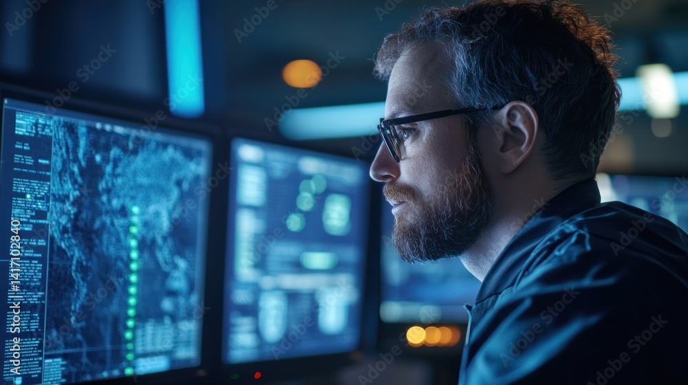 Poster man intently monitors digital map on computer screens