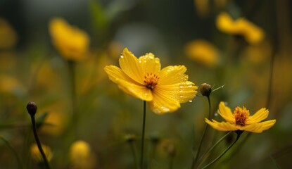 Fototapeta premium Yellow Cosmos Flowers Blossom Beautifully with Dewdrops in a Lush Garden