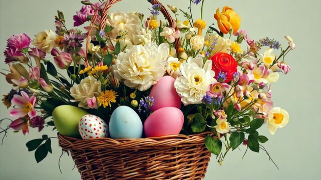 Colorful Easter eggs nestled in a wicker basket overflowing with spring flowers