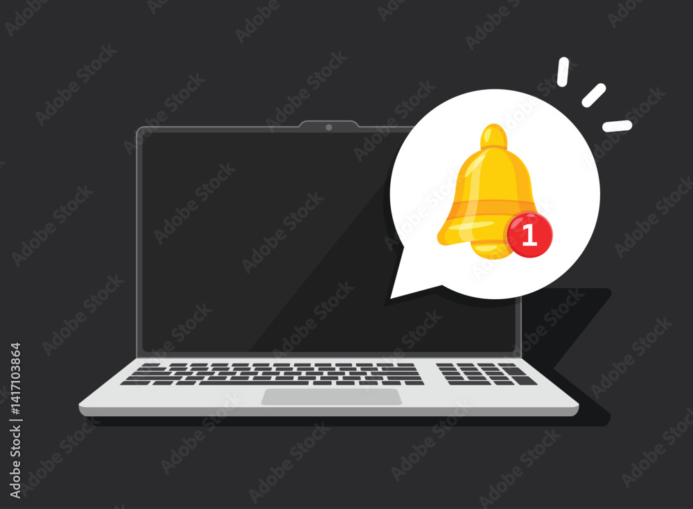 Poster laptop notification icon in flat style. computer vector illustration on isolated background. reminde