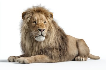 Majestic Lion Resting Serene and Calmly on White Background, Wild Cat Majesty Displayed, Powerful Animal Portrait