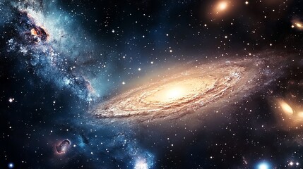 Obraz premium A view of a spiral galaxy with bright center and surrounding nebulae against a starry background