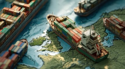 Obraz premium A detailed map displaying numerous cargo ships in transit representing global trade and cross border regulations