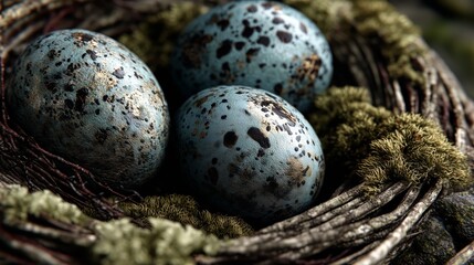 Obraz premium Three Blue Speckled Eggs Resting in a Natural Twig and Moss Nest - made with Generative AI
