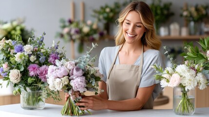 Florist arranging a colorful bouquet in a charming flower shop filled with various blooms and decorative pots under natural light