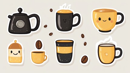 Cute coffee mugs, pot, sugar, stickers