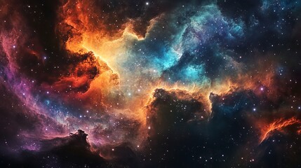A vibrant nebula with swirling clouds of orange blue purple and white with scattered stars across the sky