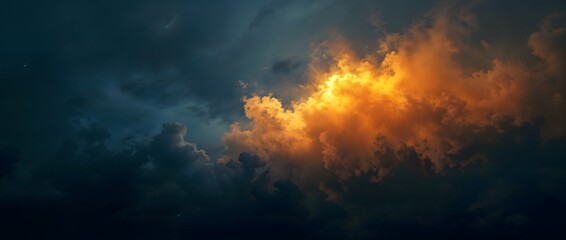 Obraz premium Fiery orange light radiates through clouds in the dark night sky, illuminating nearby clouds with a warm, radiant glow