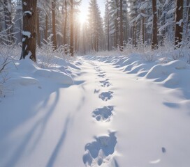 Deep bear track in pristine snowdrift, cold winter woods ,  brown,  wildlife photography,  winter