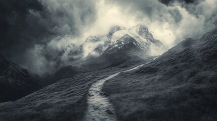 A winding path leads towards snow capped mountains shrouded in clouds on a stormy day in the wilderness