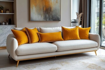 Light yellow and white coffee table with golden legs in cozy living room, beige three-seater sofa with gold pillows, natural wood accents, and soft lighting