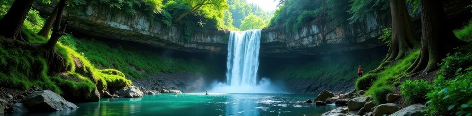 Fototapeta premium Group explores hidden waterfall, vibrant forest, landscape, group, vibrant