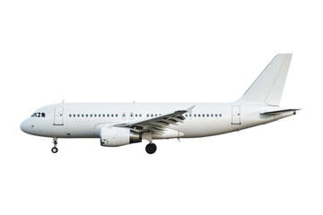 Obraz premium Side view of white airplane in flight isolated on transparent background.