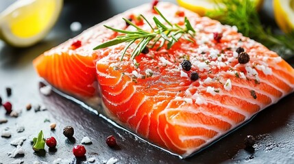 Fresh salmon fillets seasoned on slate