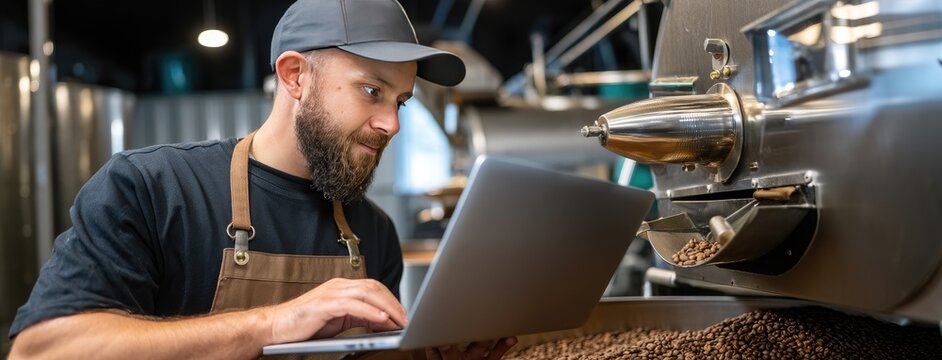 Man stands at a counter in a coffee roaster factory, focused on his laptop while surrounded by coffee beans and equipment - Powered by Adobe