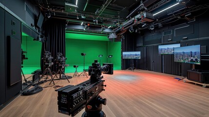 A modern film studio with the latest camera equipment, green screens, and editing suites