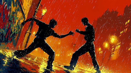 Dynamic silhouette of two figures engaged in intense interaction amidst a rainswept urban scene.  Vibrant, stylized artwork ideal for graphic novels, music albums, or urbanthemed projects.