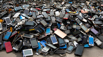 of outdated mobile phones piled together, showing the rapid turnover of technology and the growing issue of electronic waste 