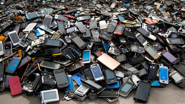 of outdated mobile phones piled together, showing the rapid turnover of technology and the growing issue of electronic waste 