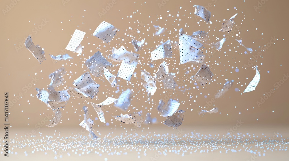 Poster abstract 3d render: floating papers in beige space