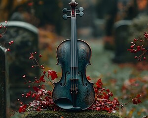 A violin left on a grave its strings broken evoking a silenced song of life ended too soon