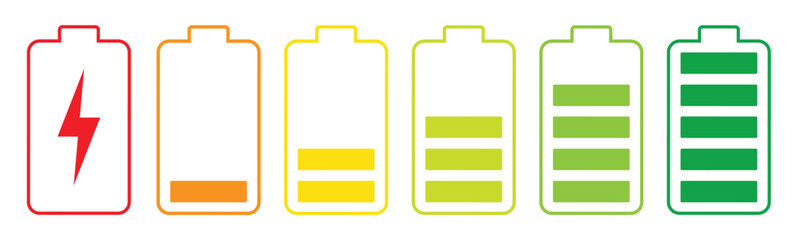 Battery charging indicator icon in white background. Fully charged and discharged battery in 0 to 100 % level icon. Vector illustration.