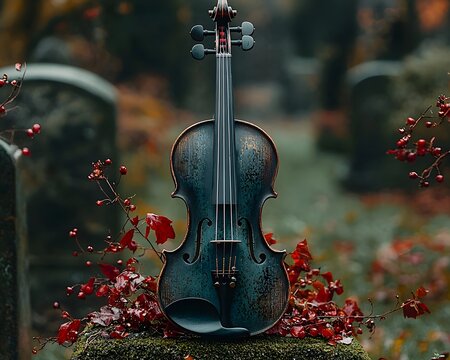 A violin left on a grave its strings broken evoking a silenced song of life ended too soon