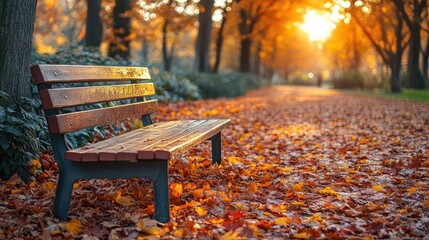 A tranquil autumn scene featuring a wooden bench amidst a carpet of colorful fallen leaves in a pathway lined with trees