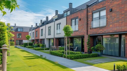 a row of modern terraced houses with shared green spaces and private backyards