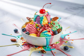 Colorful ice cream sundae with rainbow sprinkles cascading down, vibrant toppings, white ceramic bowl, dynamic splashes, playful mood, white background, sharp focus, food advertisement style