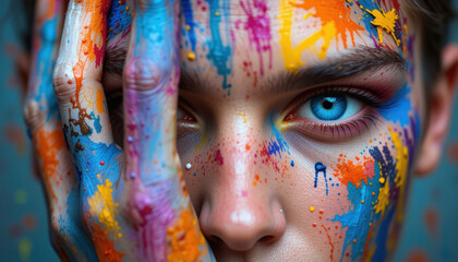 Expressive Portrait with a Hand Covered in Colorful Paint