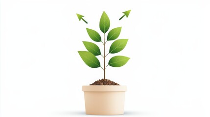 Growing Green Plant in Pot, Upward Arrows, White Background