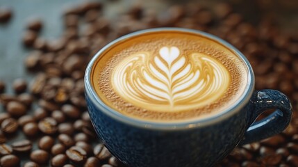 Cup of cappuccino with latte art sits among coffee beans