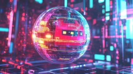 Floating Tech Sphere in Neon City