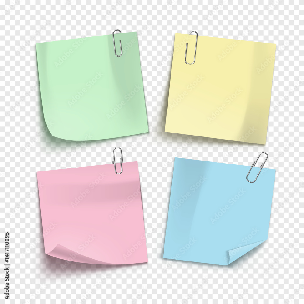 Poster vector note with metallic paper clip isolated on transparent background. mockup of realistic sticky 