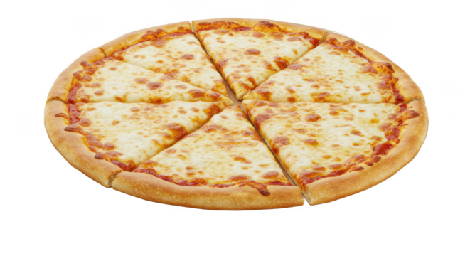 A full view of a sliced cheese pizza with a golden crust on a black background in a studio shot