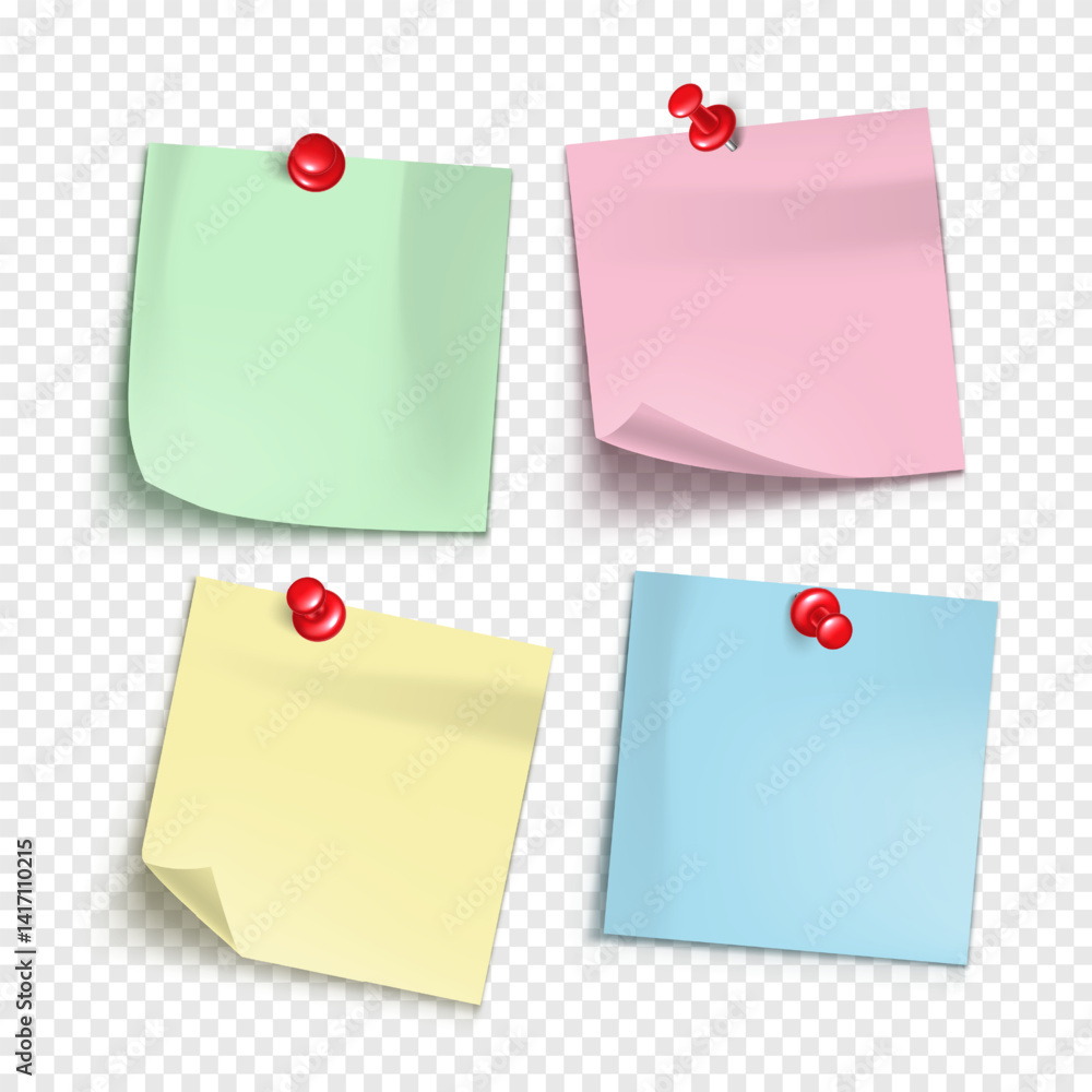 Poster vector note with push pin isolated on transparent background. mockup of realistic sticky note for de