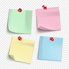 Vector note with push pin isolated on transparent background. Mockup of realistic sticky note for design.