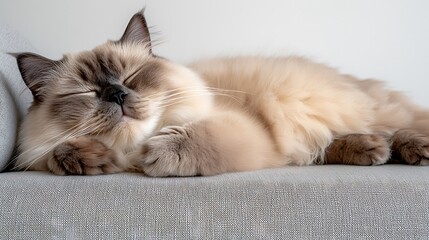 Sleepy Ragdoll cat resting peacefully on a gray couch.