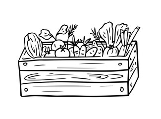 Vector illustration of a wooden box full of fresh vegetables for the concept of an organic market, store, grocery store. Natural farm products, packaging design, menu, logos of vegan products.