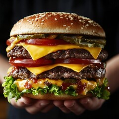 Juicy double cheeseburger held, close-up shot