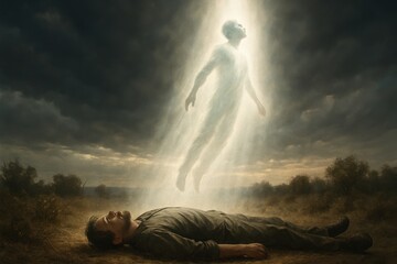 A man’s spirit or astral body rises from his physical form, soul ascension