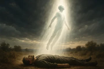 Gordijnen A man’s spirit or astral body rises from his physical form, soul ascension © Александра Замулина