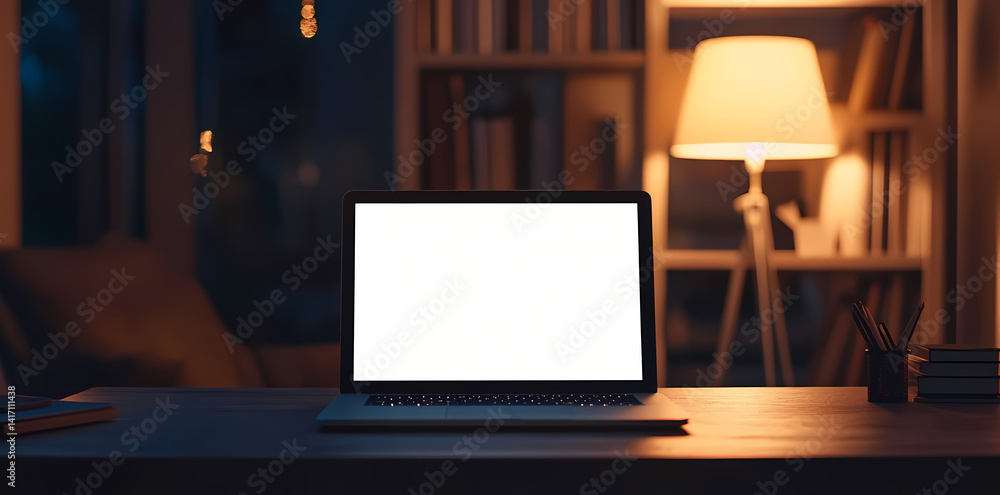Poster cozy workspace: a laptop computer sits open on a desk, the screen radiating light in a dimly lit roo