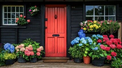 Cottage entrance red door, potted flowers, black wood, and white framed windows