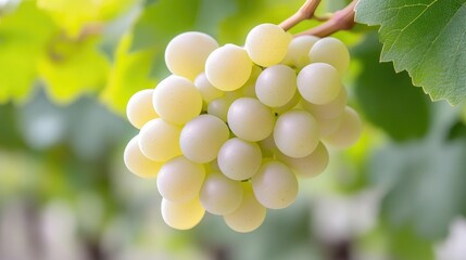Close-up of a bunch of fresh, pale yellow grapes on the vine.  Healthy, ripe grapes.  Vibrant green leaves in the background