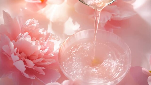 A glass of pink liquid is poured into a clear bowl. The liquid is a light pink color and he is a type of lotion or perfume. The bowl is positioned on a table, and the liquid is slowly filling it up