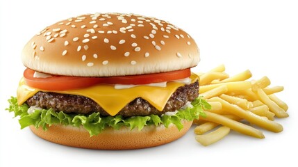 Cheeseburger and Fries on White Background