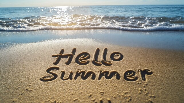 Greeting summer with a handwritten message on a sandy beach shore at sunset