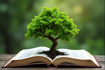 Growing knowledge tree emerging from open book natural setting artistic perspective concept